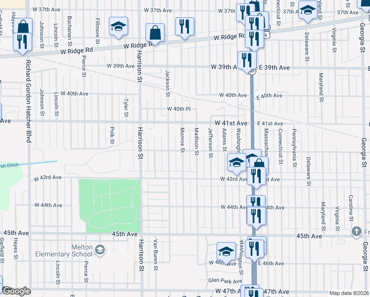 map of restaurants, bars, coffee shops, grocery stores, and more near 450 West 42nd Avenue in Gary