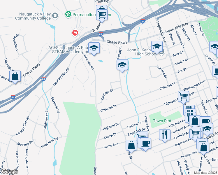 map of restaurants, bars, coffee shops, grocery stores, and more near 76 Partridge Drive in Waterbury