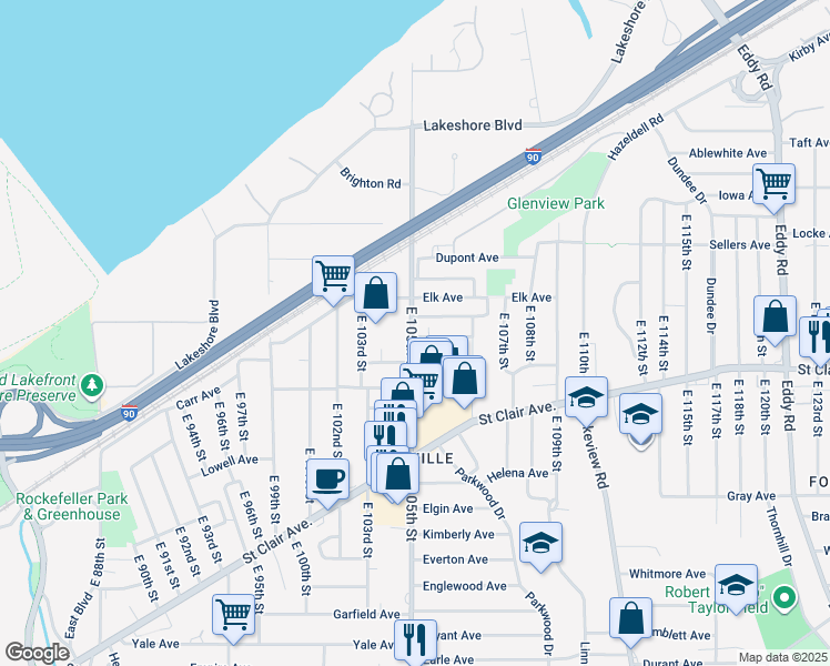 map of restaurants, bars, coffee shops, grocery stores, and more near 543 East 105th Street in Cleveland