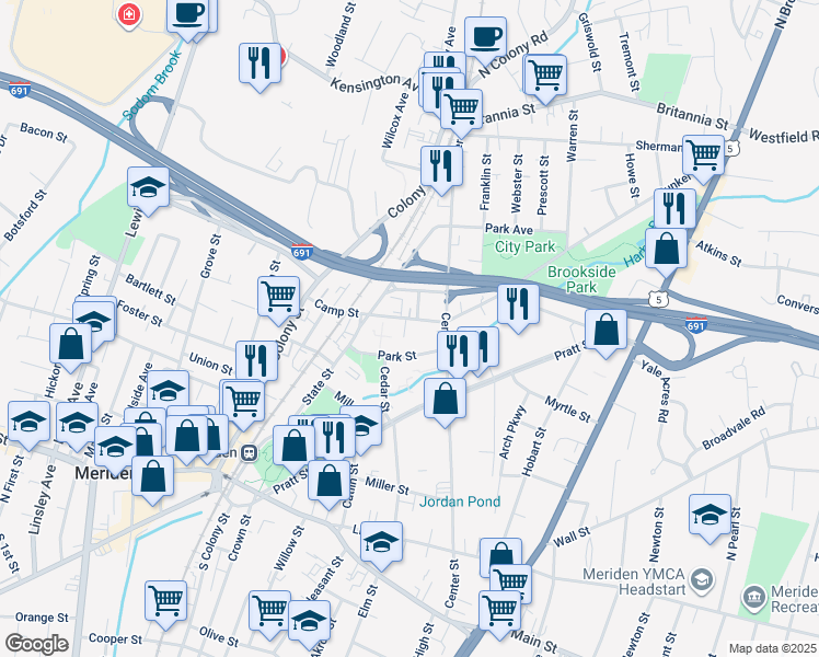 map of restaurants, bars, coffee shops, grocery stores, and more near 123 Camp Street in Meriden