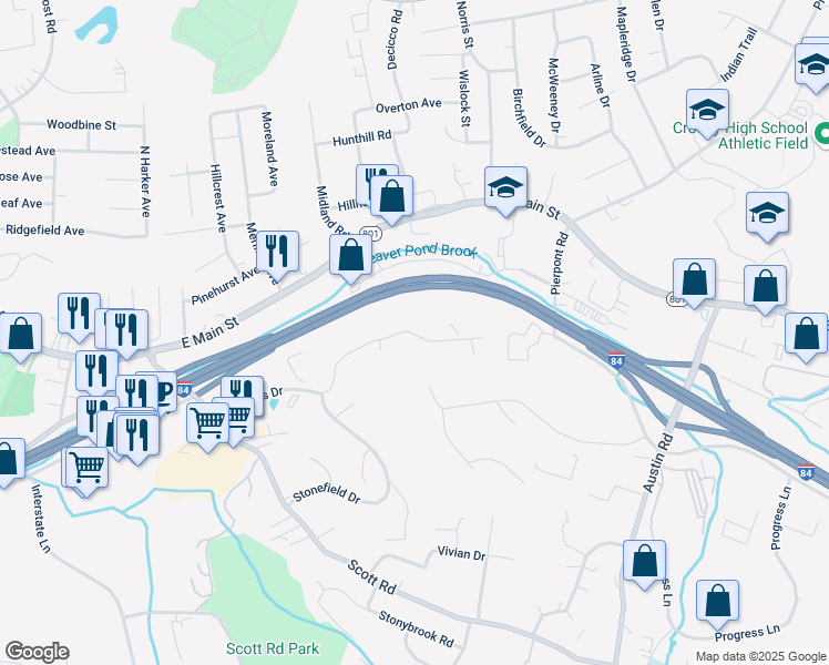 map of restaurants, bars, coffee shops, grocery stores, and more near 353 Schraffts Drive in Waterbury