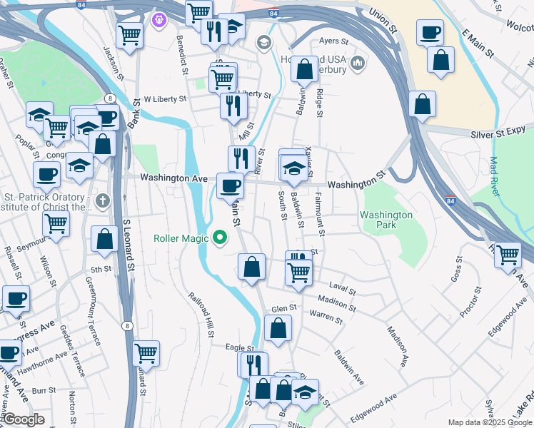 map of restaurants, bars, coffee shops, grocery stores, and more near 48 South Street in Waterbury