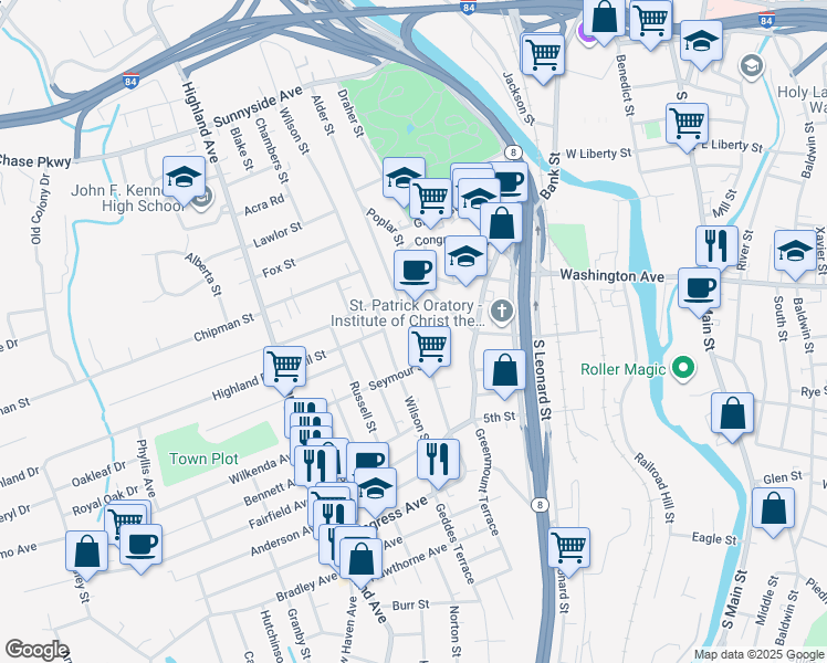 map of restaurants, bars, coffee shops, grocery stores, and more near 265 Congress Avenue in Waterbury