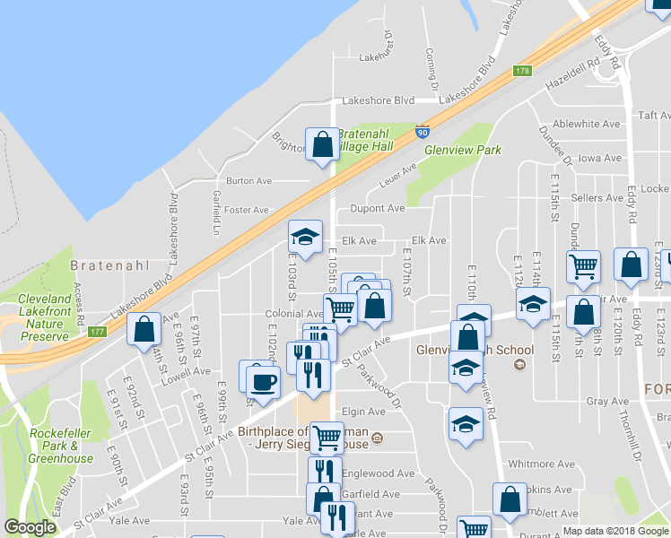 map of restaurants, bars, coffee shops, grocery stores, and more near 10513 Clairdoan Avenue in Cleveland