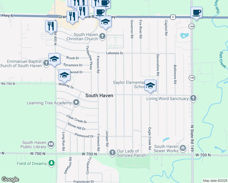 map of restaurants, bars, coffee shops, grocery stores, and more near 740 Imperial Road in Valparaiso