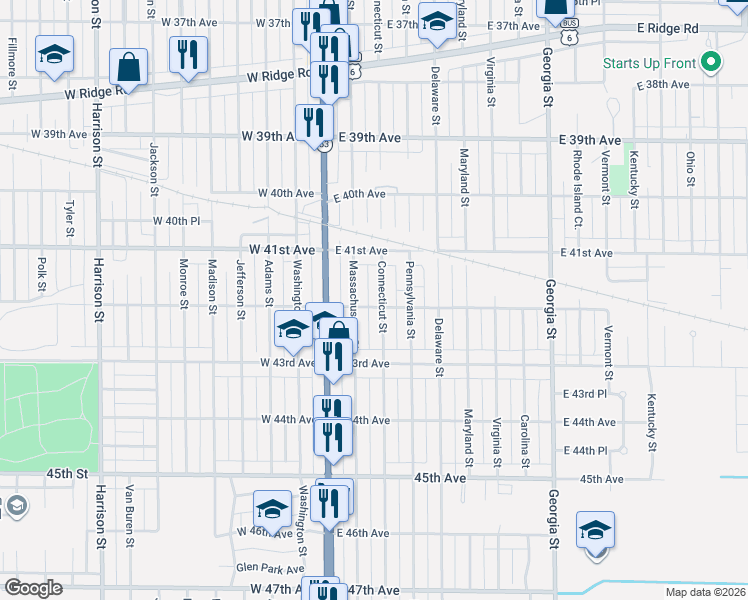 map of restaurants, bars, coffee shops, grocery stores, and more near 149 East 42nd Avenue in Gary