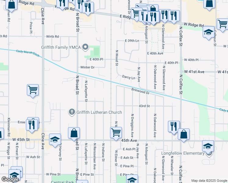 map of restaurants, bars, coffee shops, grocery stores, and more near 1140-42 North Wood Court in Griffith