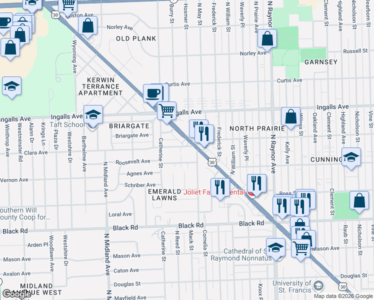 map of restaurants, bars, coffee shops, grocery stores, and more near 1100 Plainfield Road in Joliet