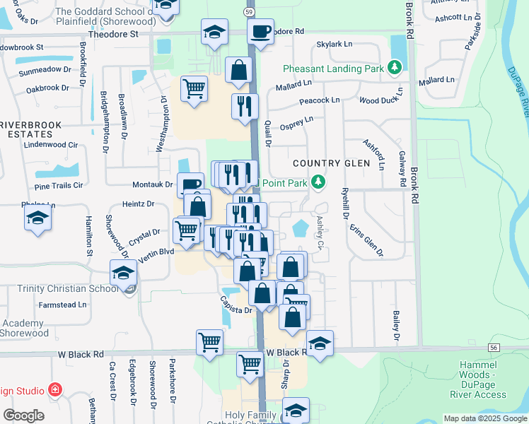 map of restaurants, bars, coffee shops, grocery stores, and more near 1146 Baccarrat in Joliet