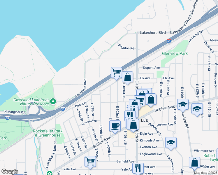 map of restaurants, bars, coffee shops, grocery stores, and more near 542 East 101st Street in Cleveland