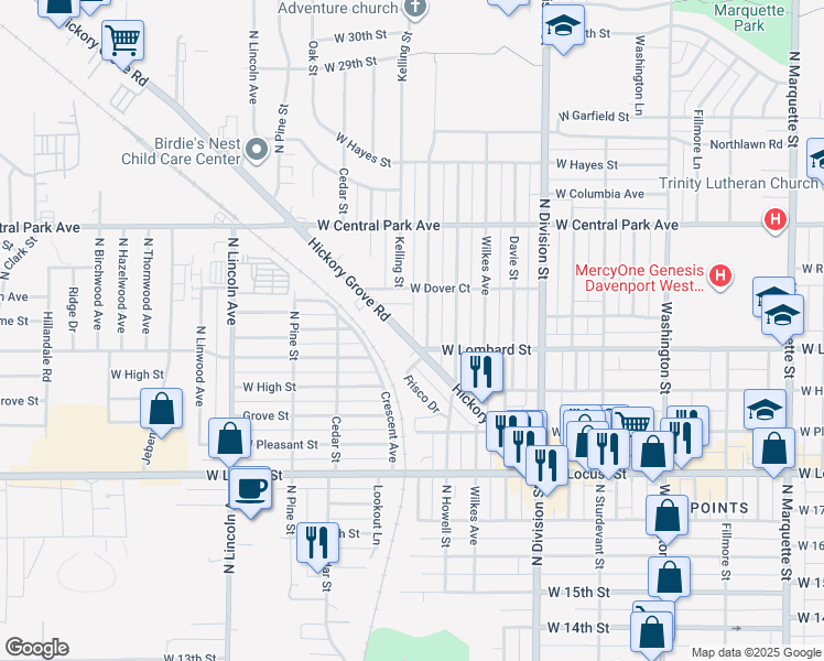 map of restaurants, bars, coffee shops, grocery stores, and more near 2221 Hickory Grove Road in Davenport