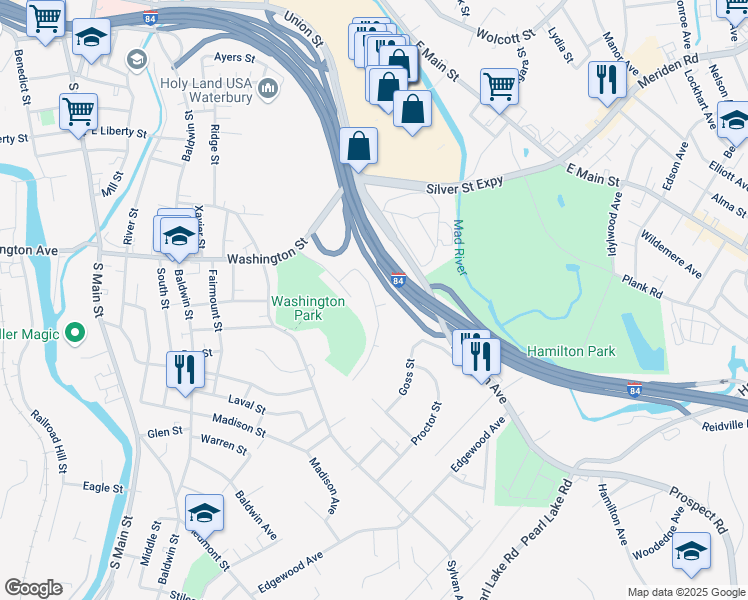 map of restaurants, bars, coffee shops, grocery stores, and more near 57 Rosewood Avenue in Waterbury