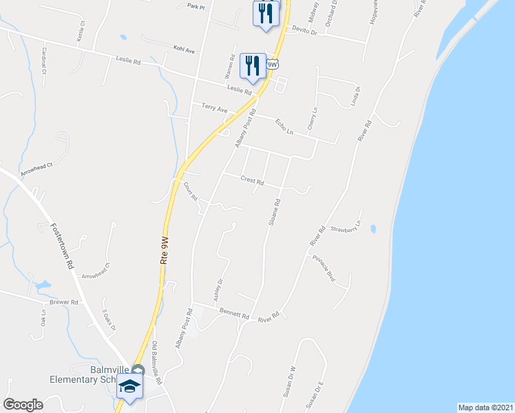 map of restaurants, bars, coffee shops, grocery stores, and more near 327 Balmville Lane in Newburgh