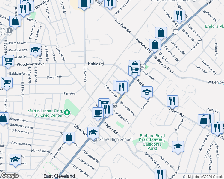 map of restaurants, bars, coffee shops, grocery stores, and more near 1747 Collamer Avenue in East Cleveland