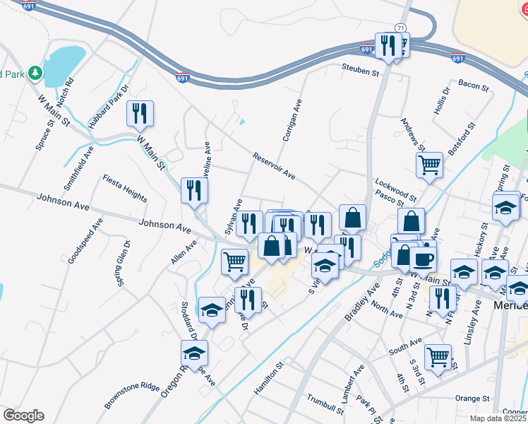 map of restaurants, bars, coffee shops, grocery stores, and more near 57 Vale Avenue in Meriden