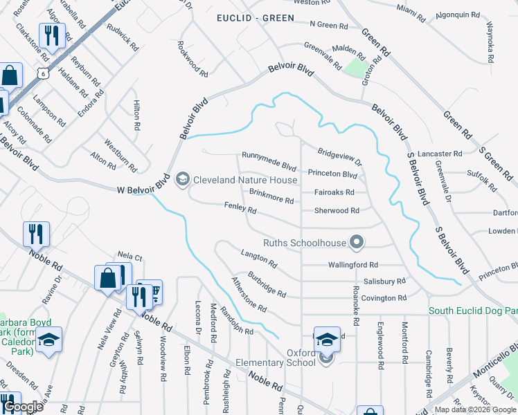 map of restaurants, bars, coffee shops, grocery stores, and more near 3649 Fenley Road in Cleveland Heights