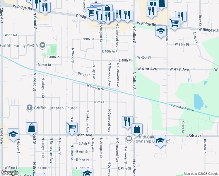 map of restaurants, bars, coffee shops, grocery stores, and more near 998 East Lawndale Drive in Griffith