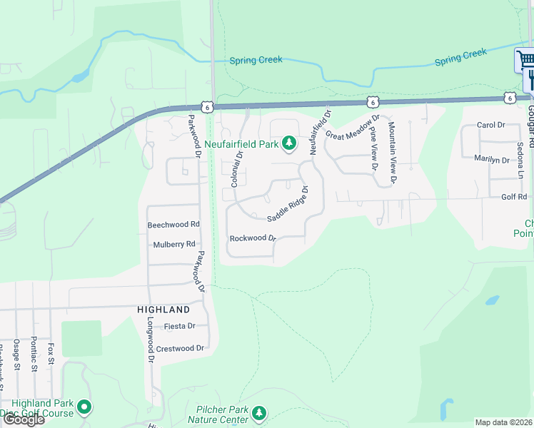 map of restaurants, bars, coffee shops, grocery stores, and more near 2447 Saddle Ridge Drive in Joliet