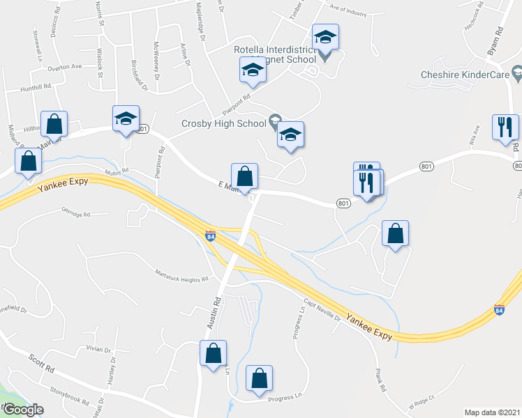 map of restaurants, bars, coffee shops, grocery stores, and more near 25 Austin Road in Waterbury