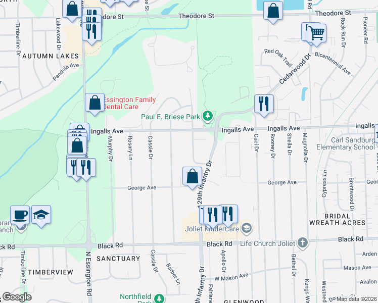 map of restaurants, bars, coffee shops, grocery stores, and more near 1105 Rock Springs Drive in Joliet