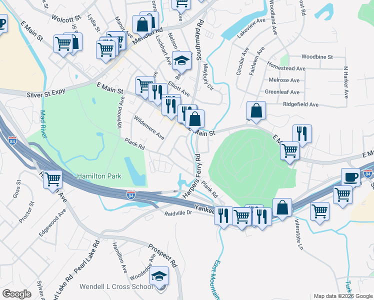 map of restaurants, bars, coffee shops, grocery stores, and more near 68 Brookdale Lane in Waterbury