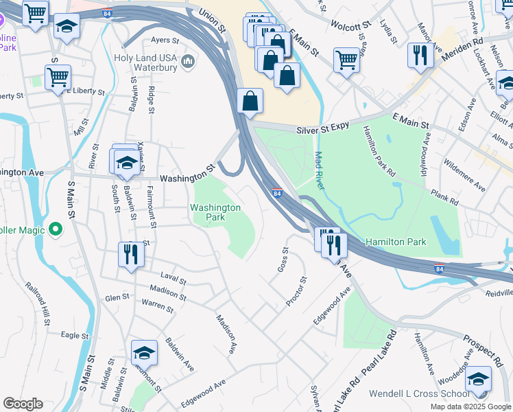 map of restaurants, bars, coffee shops, grocery stores, and more near 12 Rosewood Avenue in Waterbury