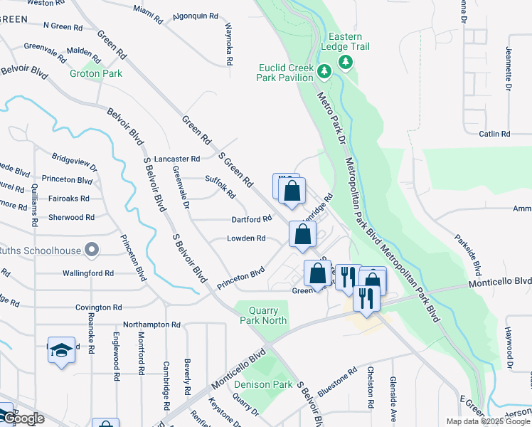 map of restaurants, bars, coffee shops, grocery stores, and more near 4127 Dartford Road in South Euclid