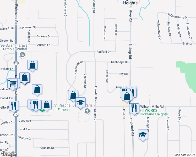 map of restaurants, bars, coffee shops, grocery stores, and more near 739 Franklin Boulevard in Highland Heights