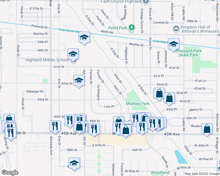 map of restaurants, bars, coffee shops, grocery stores, and more near 9423 Forrest Drive in Highland