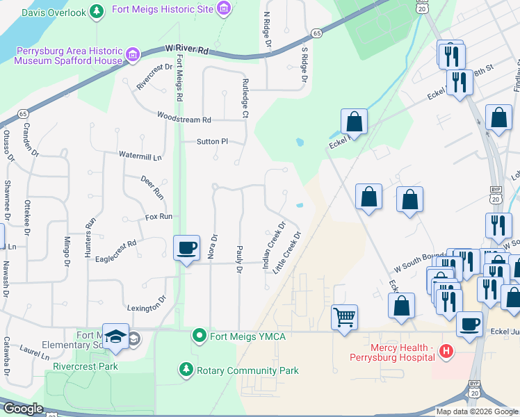 map of restaurants, bars, coffee shops, grocery stores, and more near 807 Little Creek Dr in Perrysburg