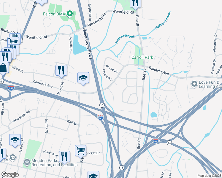 map of restaurants, bars, coffee shops, grocery stores, and more near 6 Bret Drive in Meriden
