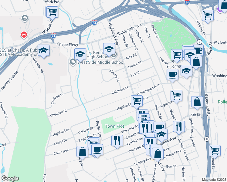 map of restaurants, bars, coffee shops, grocery stores, and more near 222 Chipman Street in Waterbury