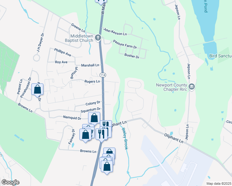 map of restaurants, bars, coffee shops, grocery stores, and more near 11 Bailey Brook Court in Middletown
