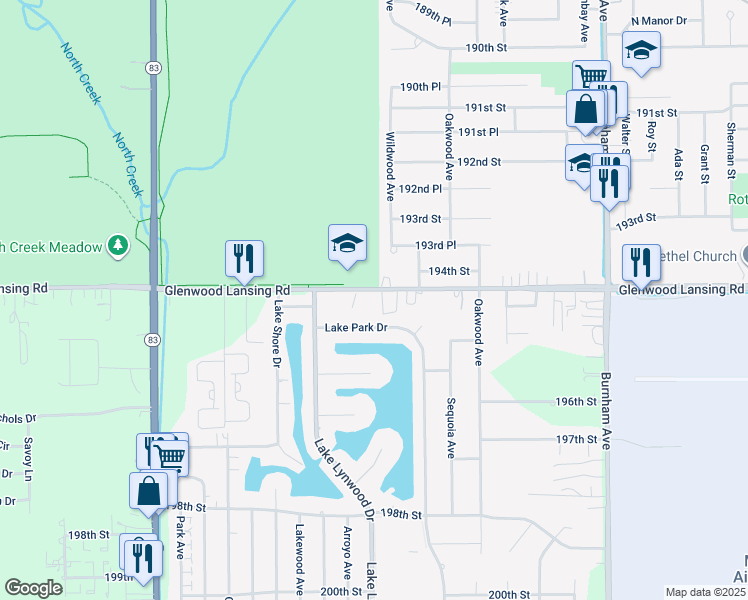 map of restaurants, bars, coffee shops, grocery stores, and more near 2725 Glenwood Lansing Road in Lynwood