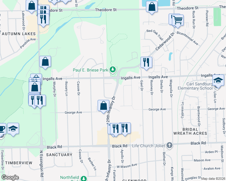 map of restaurants, bars, coffee shops, grocery stores, and more near 1107 129th Infantry Drive in Joliet
