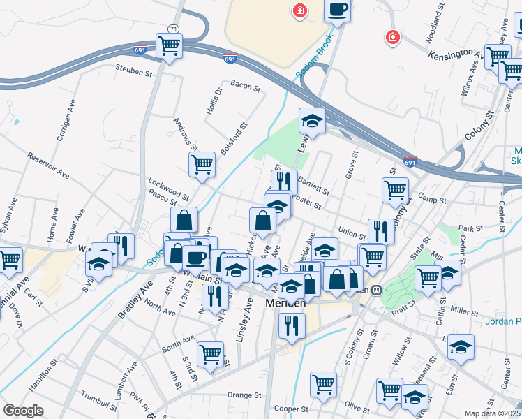 map of restaurants, bars, coffee shops, grocery stores, and more near 126 Springdale Avenue in Meriden