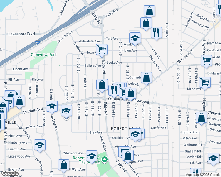 map of restaurants, bars, coffee shops, grocery stores, and more near 540 East 123rd Street in Cleveland