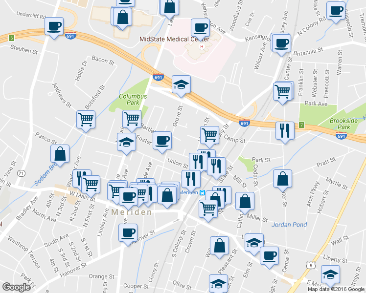 map of restaurants, bars, coffee shops, grocery stores, and more near 20 Lincoln Court in Meriden