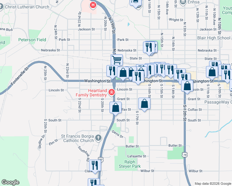 map of restaurants, bars, coffee shops, grocery stores, and more near 240 South Highway 30 in Blair
