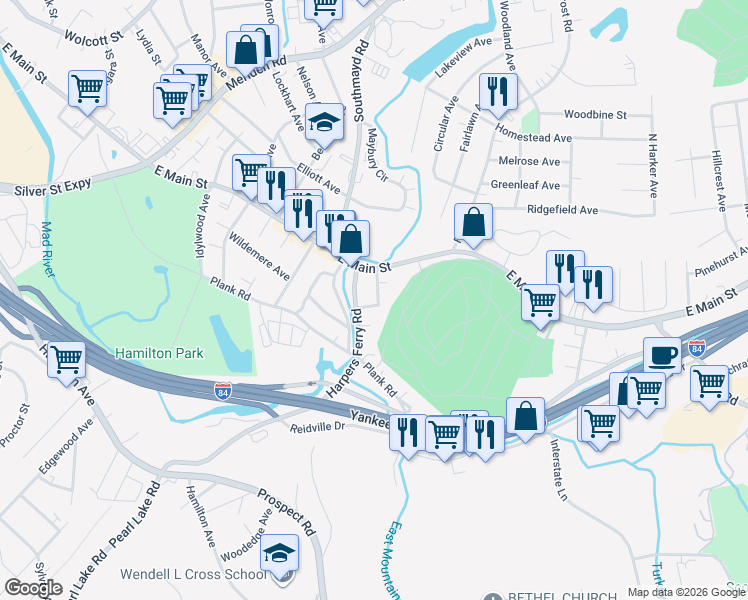 map of restaurants, bars, coffee shops, grocery stores, and more near 44 Ashmun Street in Waterbury