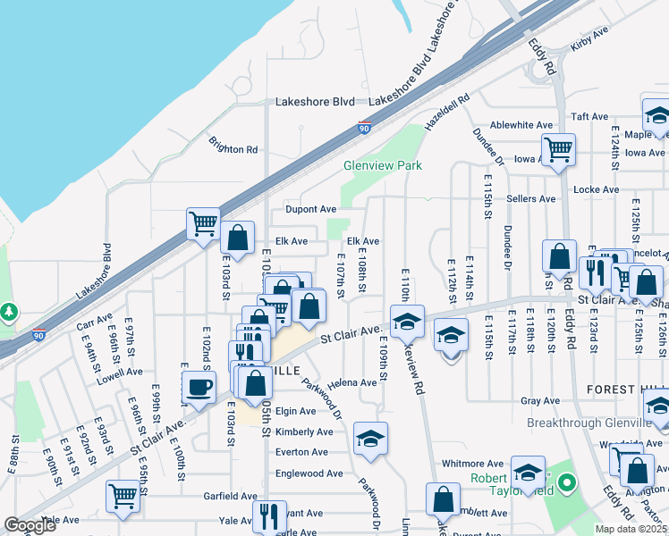 map of restaurants, bars, coffee shops, grocery stores, and more near 540 E 107th St in Cleveland