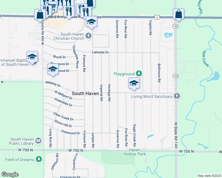 map of restaurants, bars, coffee shops, grocery stores, and more near 741 Heritage Road in Valparaiso