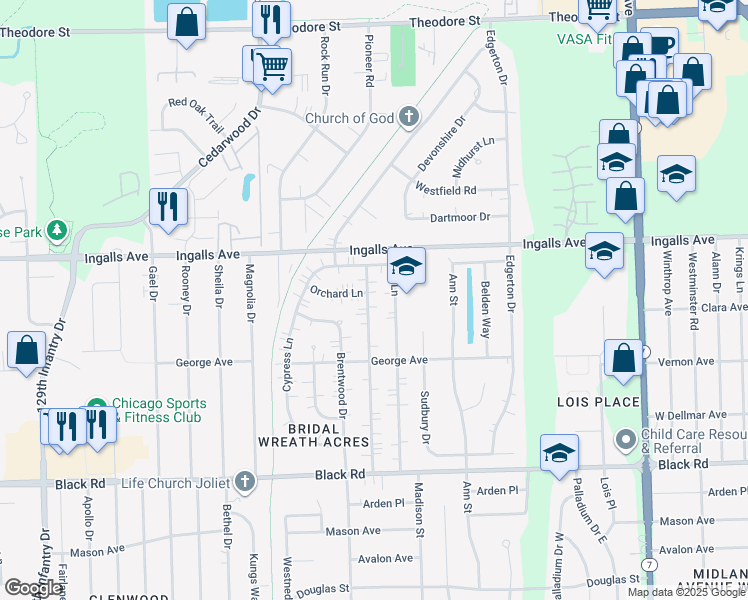 map of restaurants, bars, coffee shops, grocery stores, and more near 1100 Pearson Drive in Joliet