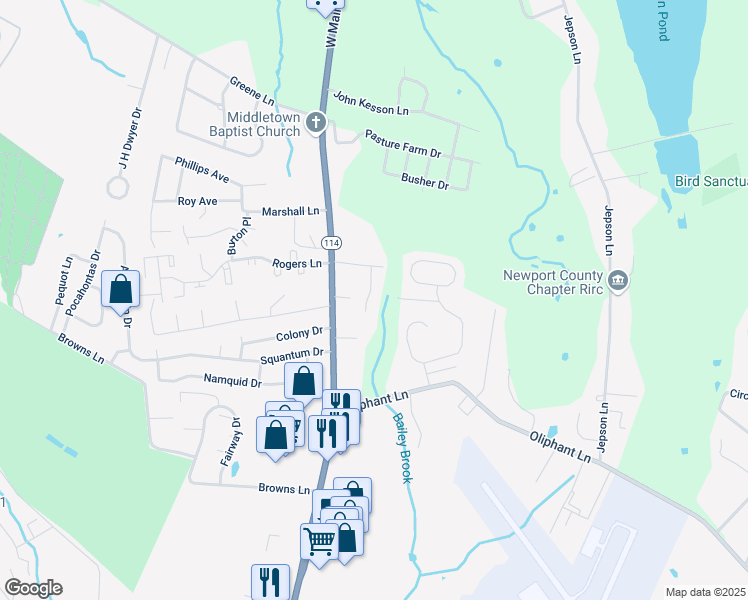 map of restaurants, bars, coffee shops, grocery stores, and more near 11 Bailey Brook Court in Middletown