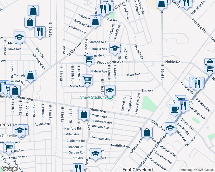map of restaurants, bars, coffee shops, grocery stores, and more near 1316 East 142nd Street in East Cleveland