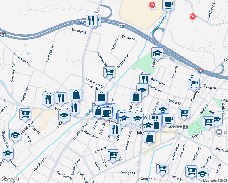 map of restaurants, bars, coffee shops, grocery stores, and more near 110 Windsor Avenue in Meriden