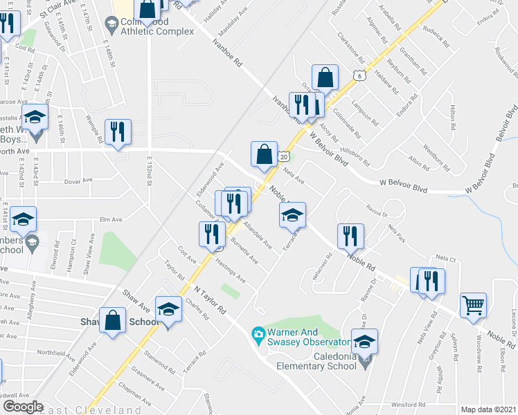 map of restaurants, bars, coffee shops, grocery stores, and more near 15986 Euclid Avenue in East Cleveland
