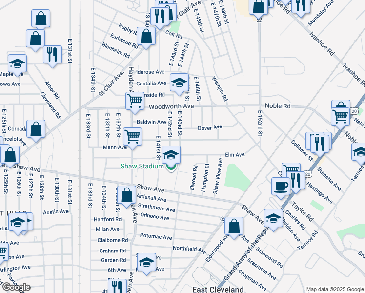 map of restaurants, bars, coffee shops, grocery stores, and more near 1321 E 143rd St in East Cleveland