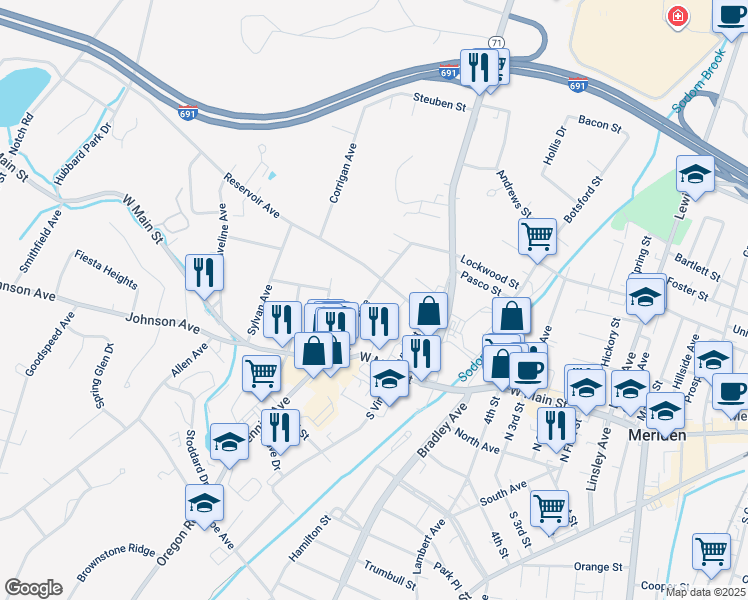 map of restaurants, bars, coffee shops, grocery stores, and more near 79 Fowler Avenue in Meriden
