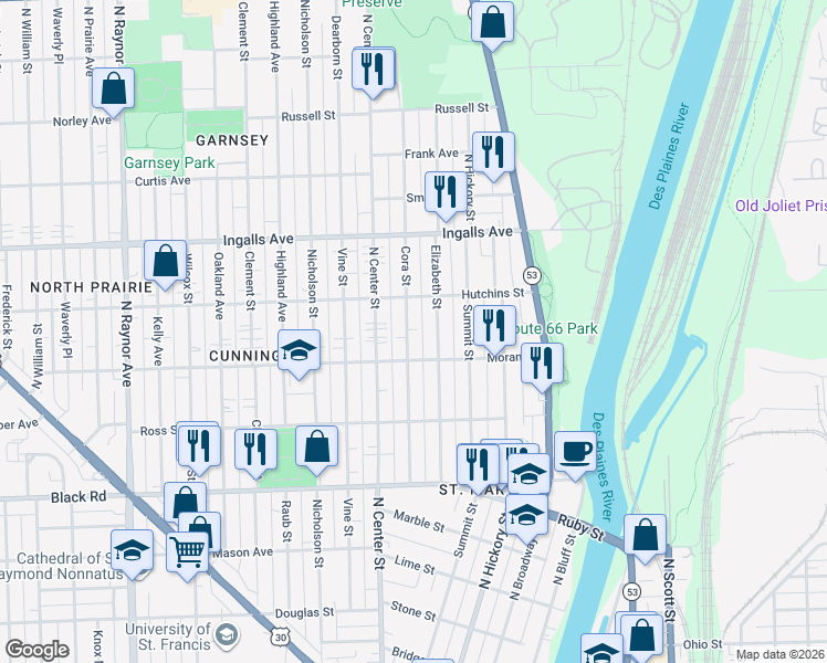 map of restaurants, bars, coffee shops, grocery stores, and more near 1014 Cora Street in Joliet